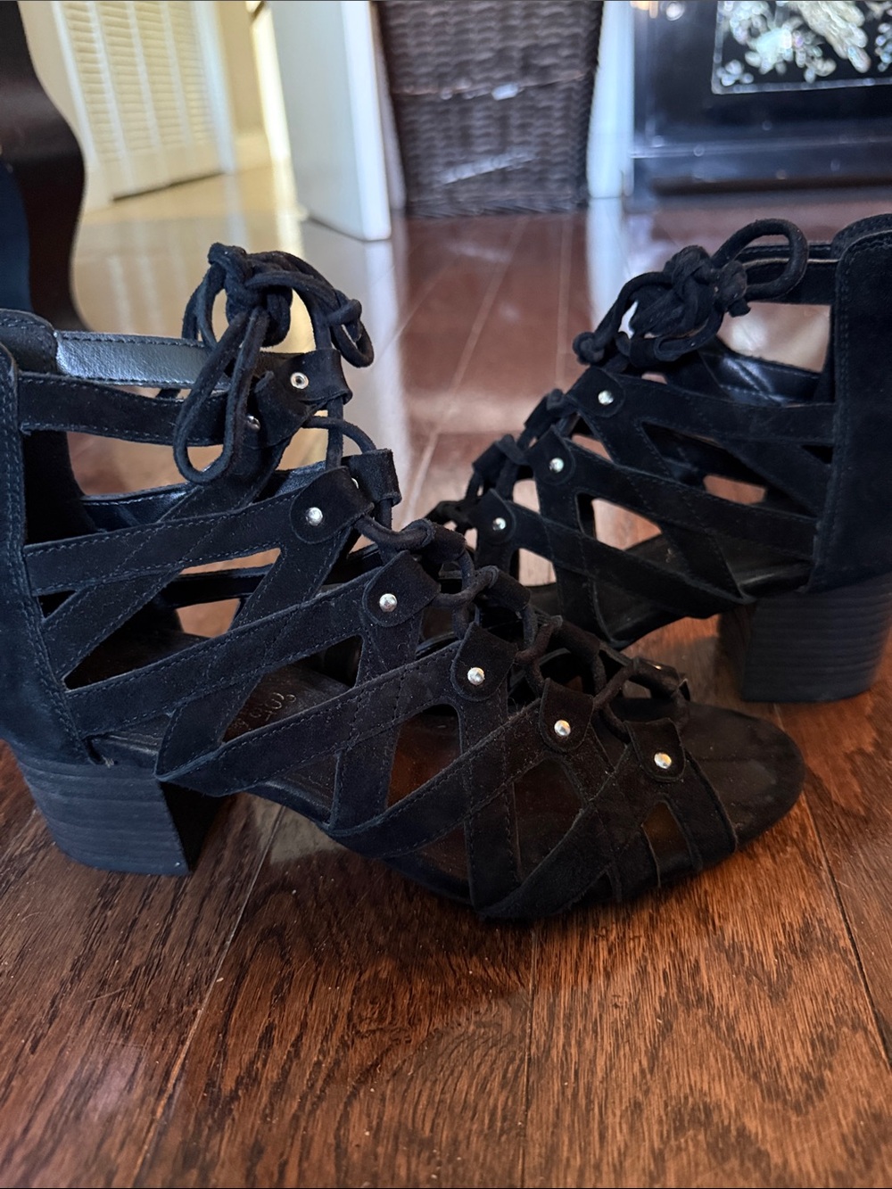 AEROSOLES Black Suede Lace-Up Cutout Heels with Studs